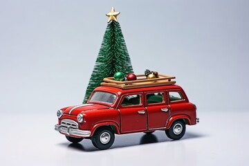 Christmas tree toy car. Christmas background. Holidays card