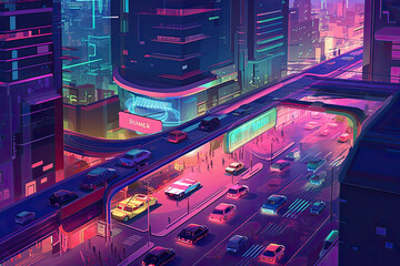 bustling busy futuristic urban cityscape, city of the future, lights, skyscraper building architecture, digital technology, cyberspace street - obrazy, fototapety, plakaty