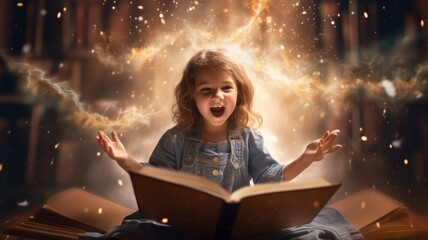 Girl excited with an opened magical book with wave of astral magical elements flowing out. Generative AI image weber. - obrazy, fototapety, plakaty