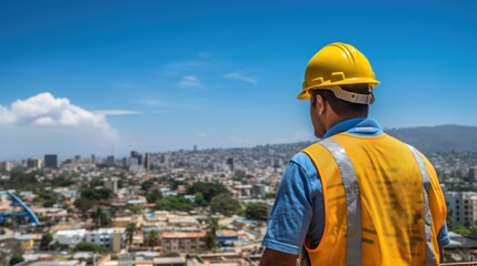 Resilient Construction Worker in Yellow Hardhat Overlooking Cityscape