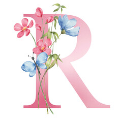 Pink letter R with watercolor flowers and leaves. Floral alphabet, monogram initials perfectly for birthday, wedding invitations, greeting card, logo, poster and other design. Hand painting.	

