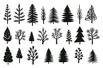 Pine tree silhouettes. Evergreen forest firs and spruces black shapes, wild nature trees templates