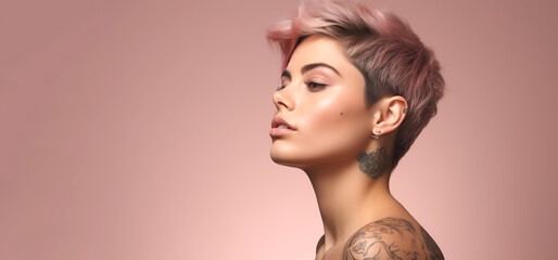 Portrait of young happy woman with short funky hairstyle and tattoo. Skin care beauty, skincare cosmetics, isolated over light pink background.