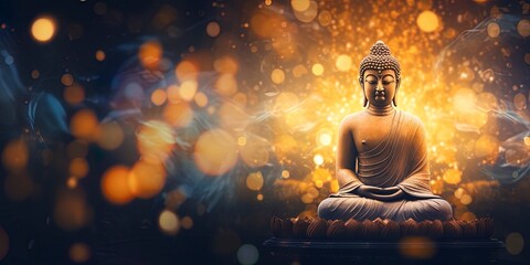 Buddha statue surrounded by blurry bokeh and room for text copy. Mindfulness and meditation concept.