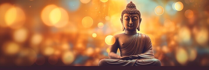 Buddha statue surrounded by blurry bokeh and room for text copy. Mindfulness and meditation concept. - obrazy, fototapety, plakaty