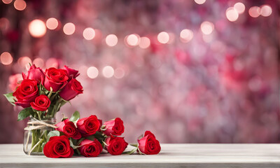 Bouquet on table with copy space for Valentine's greeting