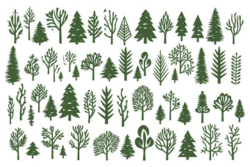 Christmas tree set hand drawn illustration. chritmas tree silhouettes. Christmas pine trees silhouette icon vector illustration - obrazy, fototapety, plakaty