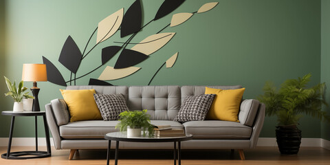 Leder Couch grau im modernen Retro Stil in ausgefallener schicker designer Form Querformat für Banner, ai generativ - obrazy, fototapety, plakaty