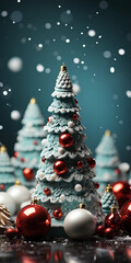 Naklejka na ściany i meble Weißer Weihnachtsbaum mit Schnee und Weihnachtskugeln im Lichter Bokeh mit wunderschöner Dekoration als Hintergrundmotiv, ai generativ