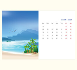 Abstract illustration base 2024 new year clean calendar template with see beach vector art