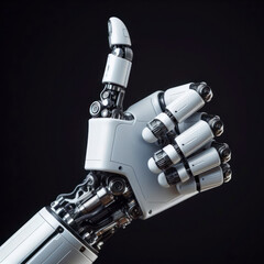 Hand of the modern robot showing thumb up on black background. ai generative