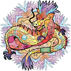 Zentangle dragon on mandala. Hand drawn decorative vector illustration