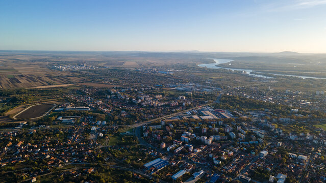 Aerial view of Pancevo, a beautiful town along the Danube river in Serbia. © Nenad