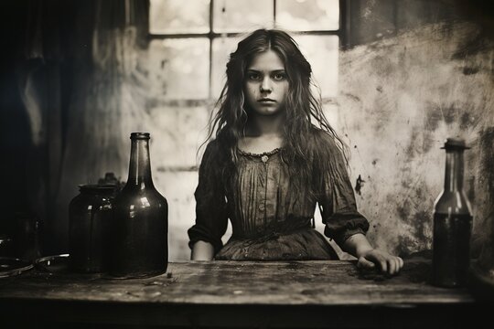 A vintage and retro spooky person in the collodion wet plate process technique. Generative AI, AI