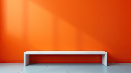 Sleek white bench against a vibrant orange wall in a minimalist setting