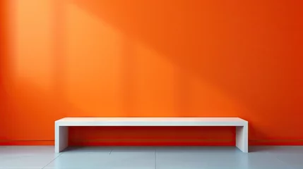 Cercles muraux Mur Sleek white bench against a vibrant orange wall in a minimalist setting