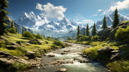A beautiful, sunny landscape with a flowing river, towering mountains, and lush greenery all around.