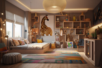 Stylish interior of children room with wooden furniture in modern house.