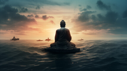 Serene Horizon: Elegant Buddha Monument in the Sea, AI Generated