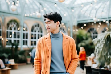 Fototapeta premium Fashionable Asian man smiling in a vibrant conservatory setting