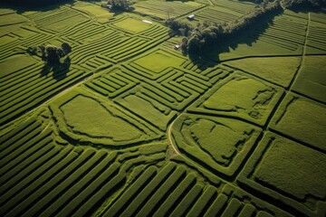 Fototapeta premium Green tea plantation at sunrise time,nature background. AI Generated