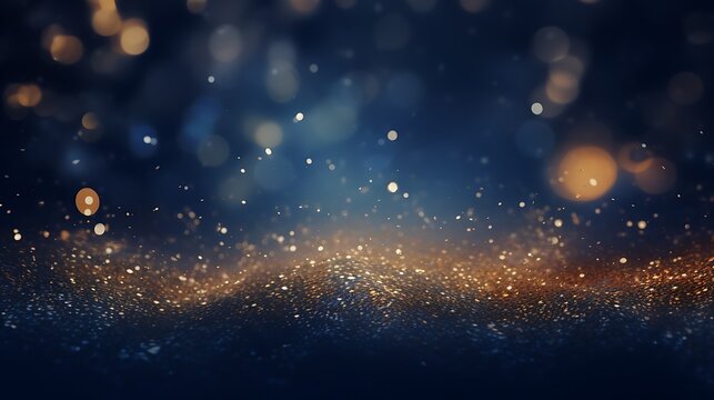 abstract background with Dark blue and gold particle. Christmas Golden light shine particles bokeh on navy blue background. Gold foil texture. Holiday concept