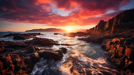 Breathtaking sunset over a rocky coast with waves crashing and a vibrant, colorful sky reflecting on the ocean.