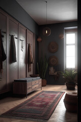 Modern interior of ethnic style wardrobe in a house.