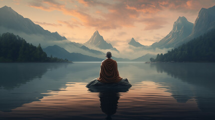 Nature's Serenity: Mindfulness Meditation Amidst Tranquil Landscapes, AI Generated - obrazy, fototapety, plakaty