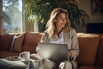 A woman with a laptop sits in a chair working on a laptop at home in the living room. Business from home.