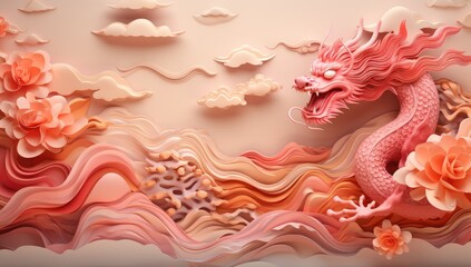 chinese background with red dragon Generative AI - obrazy, fototapety, plakaty