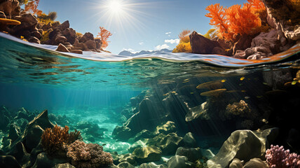 A beautiful underwater landscape with fish and coral, visible under a clear water surface with sunlight and trees.