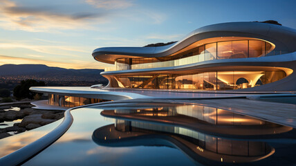 A luxurious modern building with sleek curves illuminated at twilight, reflecting on the water.
