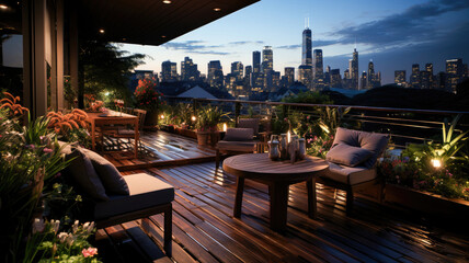 Luxurious rooftop terrace with a stunning city skyline view in the evening, featuring cozy outdoor furniture and lush plants. - Powered by Adobe