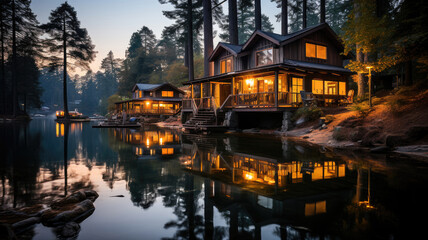 A serene lake house with glowing lights reflecting on calm waters during a tranquil evening.