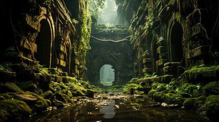 Mystical ancient temple ruins overgrown with lush green moss in a tranquil jungle environment, perfect for adventure themes.