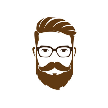Brown Bearded men face, hipster character. Man's Face with Brown Hair & Beard. 