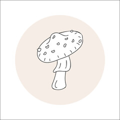 Mushroom line icon black outline in circle. Vector illustration isolated fly agaric in doodle style.