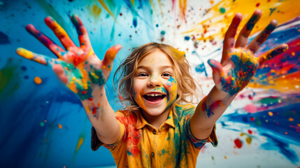 Little girl with her hands in the air with paint all over her face.