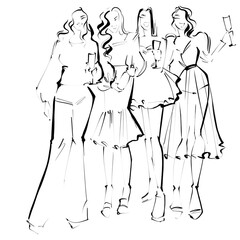 Besties celebrating New Year's Eve. Women in an evening dress with a champagne glass.Fashion Illustration on a white background. Sketch 