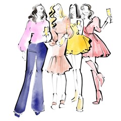 Besties celebrating New Year's Eve. Women in an evening dress with a champagne glass.Fashion Illustration on a white background. 