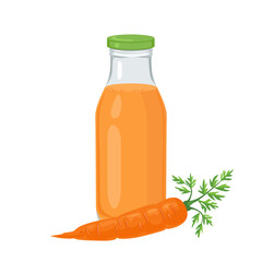 Carrot juice in bottle isolated on white background. Vector cartoon illustration of fresh vegetable drink.
