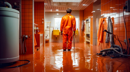 Man in orange jumpsuit is standing in flooded bathroom area. - obrazy, fototapety, plakaty