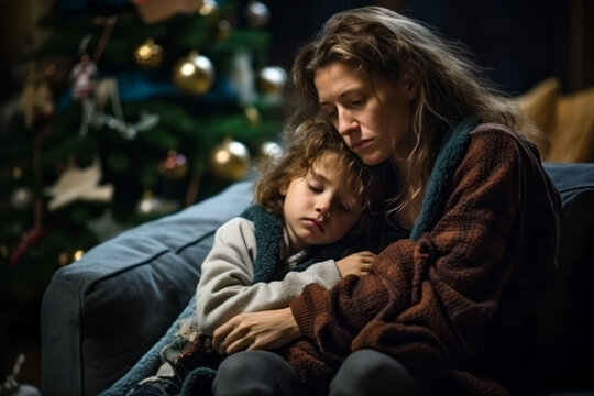 Sad Christmas. Mother hugs her kid, wants to comfort and cheer up because of sad and cold Christmas holidays. Solitude, loneliness, sorrow, loss, grief, divorce, bankruptcy, family problems