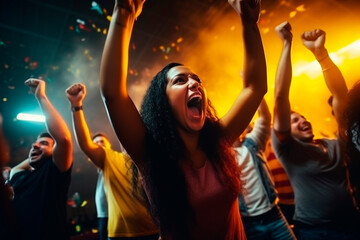 Sports fans are watching the match in the TV bar and rejoicing.