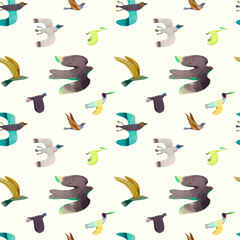 Bird seamless pattern. Watercolor vector illustration. cute animal.