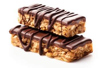 Granola bars covered with chocolate isolated on white background.