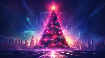 Generative AI, Christmas tree in cyberpunk style, futuristic nostalgic 80s, 90s. Neon lights vibrant colors. - obrazy, fototapety, plakaty