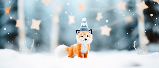 A cute fox wearing a winter hat set against a snowy background with star-shaped bokeh lights