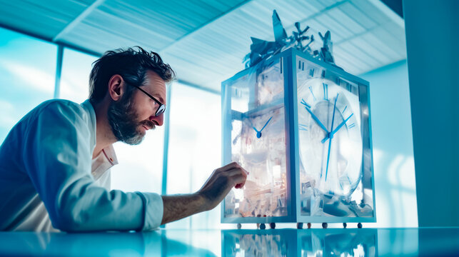 Man looking at large clock on glass table in front of window.